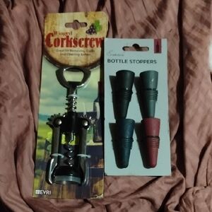 Winged Corkscrew and Colored Bottle Stoppers Set - Black & Mixed Colors